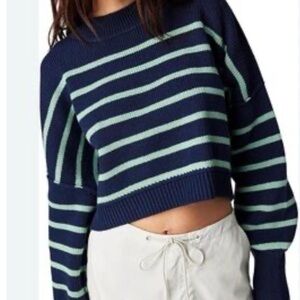 Free People Navy and Green Striped Sweater Boxy Oversized Cropped Size S Preppy